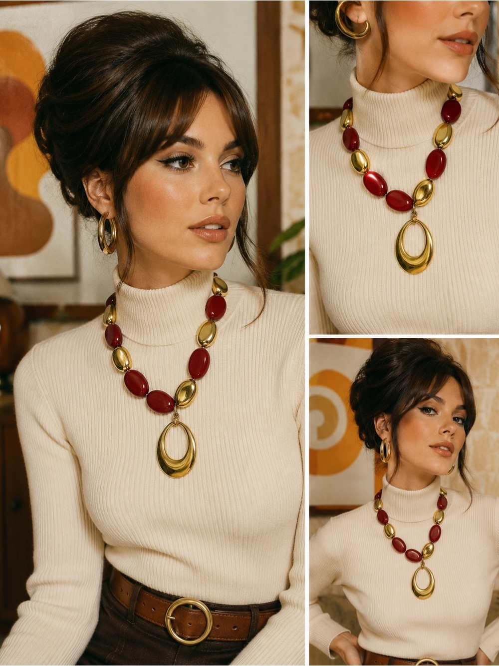 Vintage Crown Trifari Signed Red Lucite Gold Tone Statement Pendant Necklace
